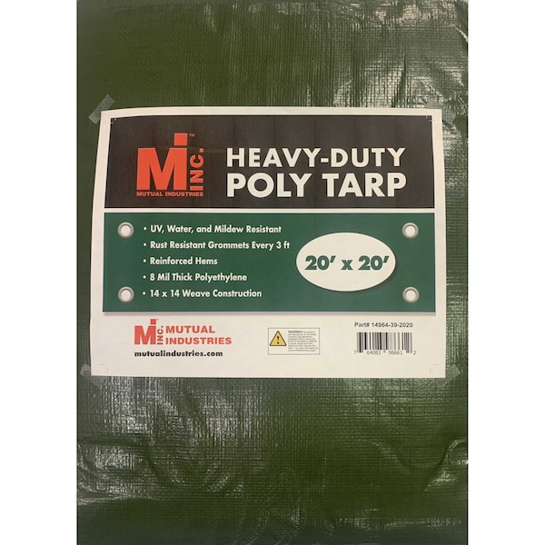 Heavy Duty Tarp, 20 ft x 20 ft, 8 mil, Green, UV Resistant, Mildew Resistant